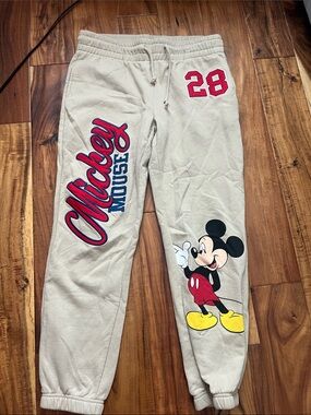 Disney Beige Jogger Pants with Red & Yellow Mickey Graphics